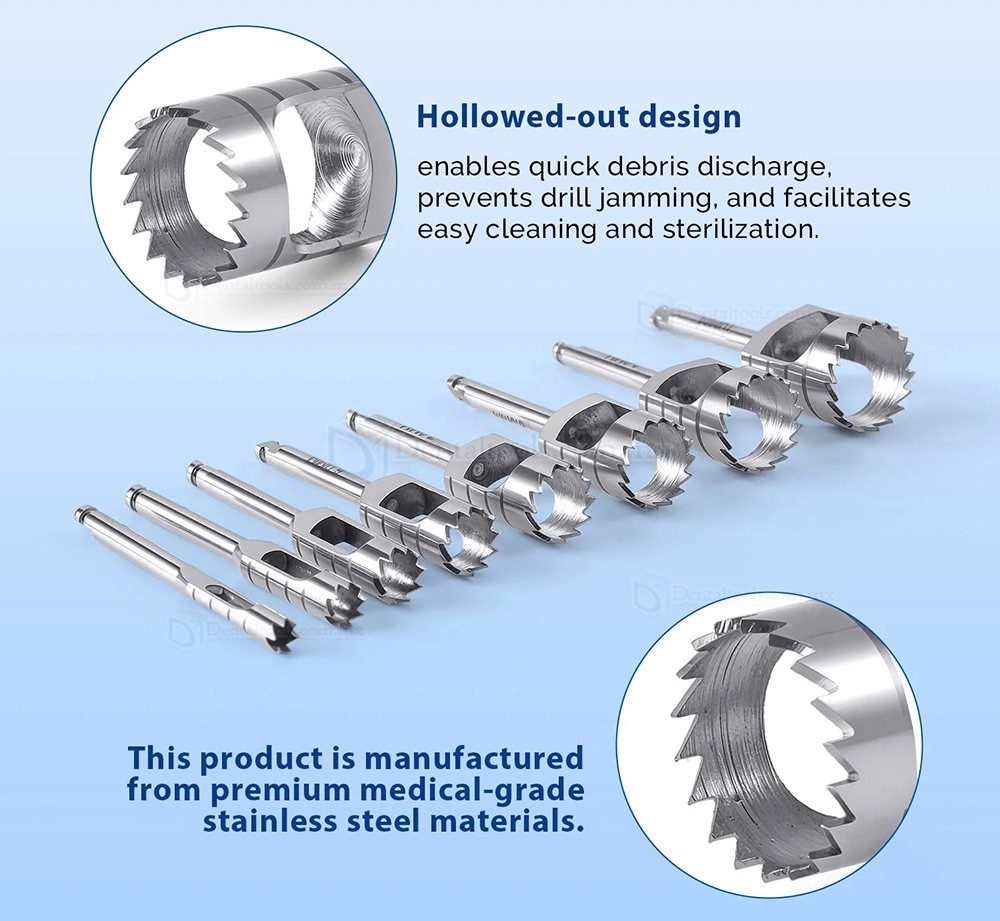 Set de 8 Piezas Kit de Trefinas para Hueso en Implantes Dentales Tipo Corto Instrumental Quir&uacute;rgico